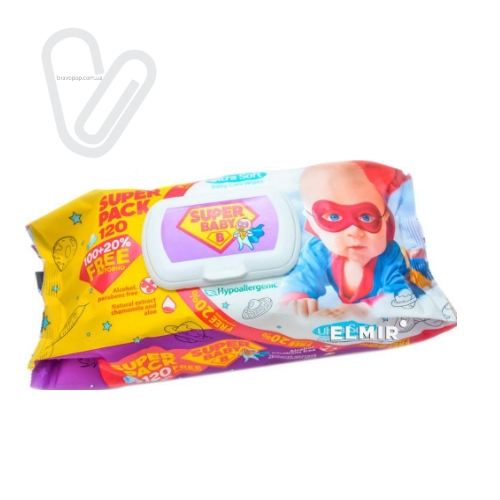 Салфетки влажные Super Baby ромашка и алое, клапан, 120 шт - Фото 1