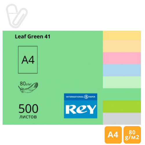 Бумага цветн. А4 80г/м2 500л. средний, зеленый Leaf Green 41, REY Adagio - Фото 1